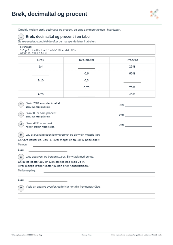 Forhåndsvisning af Brøk, Decimal og Procent